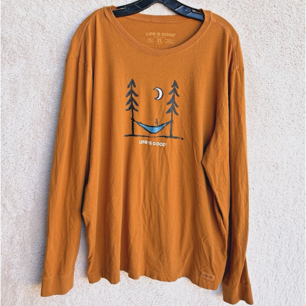 Life is Good Good Crusher Lite T Shirt Mens XL LS Orange Hammock in Trees Moon